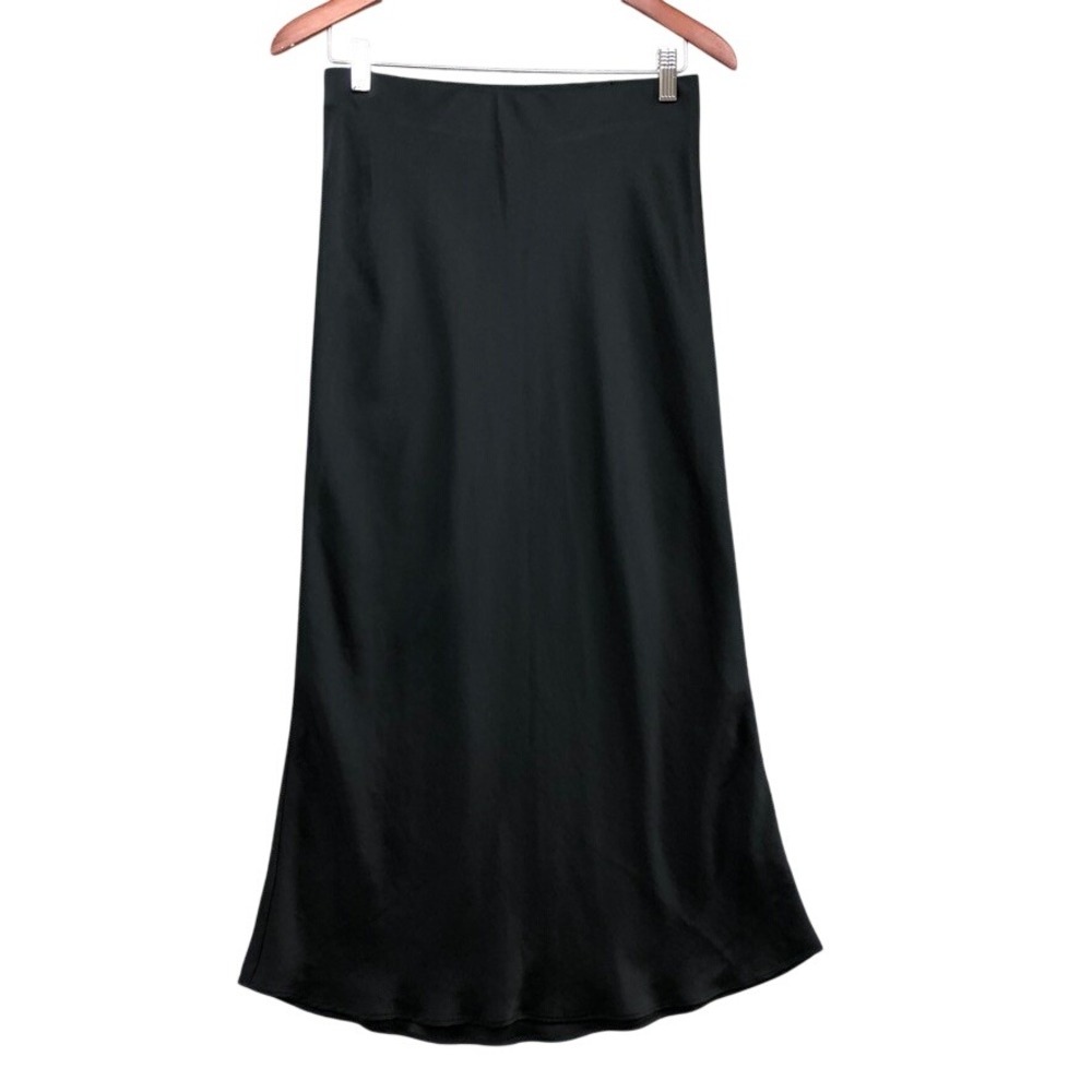 Zara Skirt Womens Small Black Satin Midi Slip Bias Cut Side Zip 90s Minimalist
